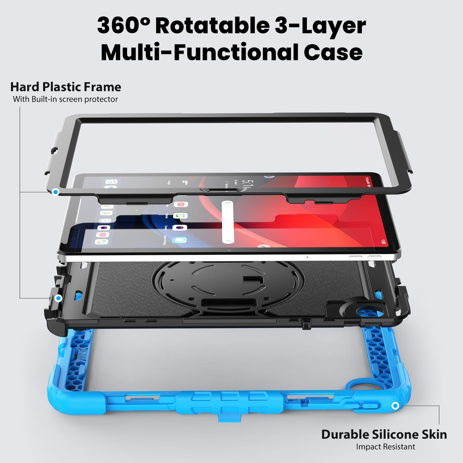 Custodia protettiva per tablet PC compatibile con Lenovo Tab M11 TB330FU/TB331FC Custodia con pellicola protettiva, custodia robusta antiurto girevole a 360°, cinghia da polso / supporto compatibile