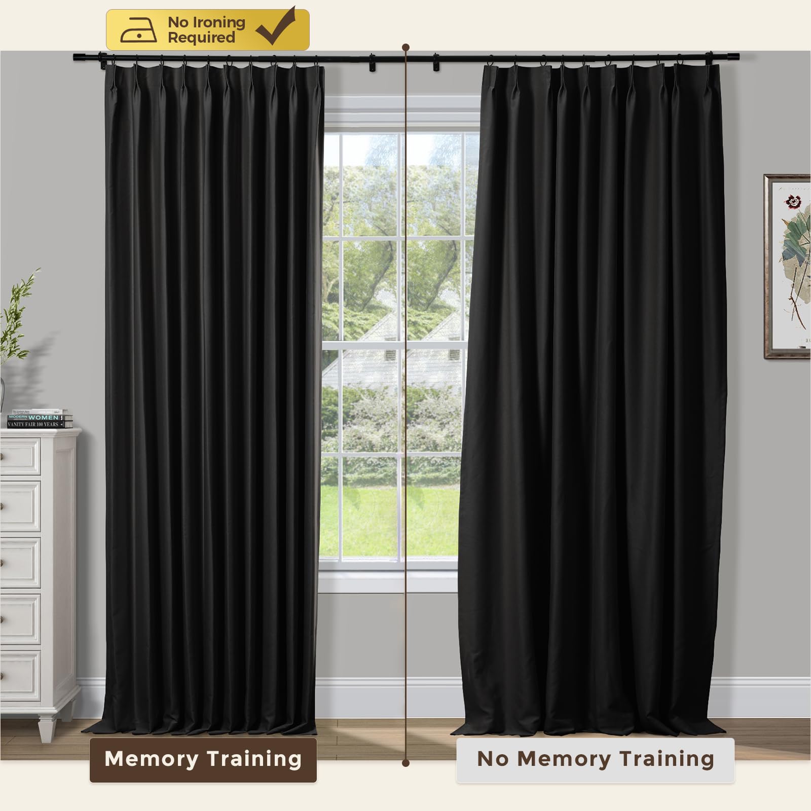 Amazon｜TWOPAGES ブラックピンチプリーツカーテン 長さ63インチ 寝室