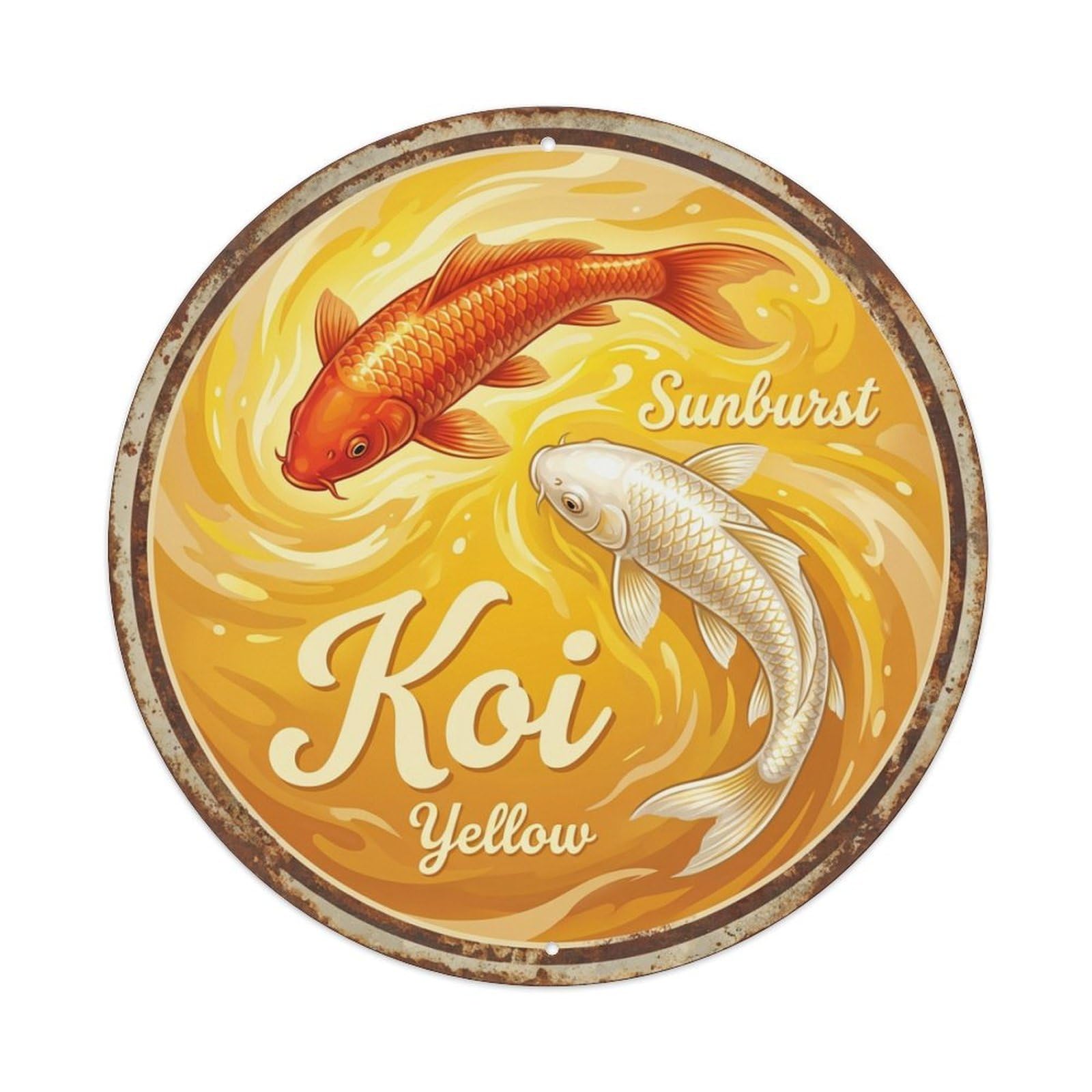 Koi Fish Sunburst Yellow Waters Bright Radiant Warm Glowing Metal Tin Sign