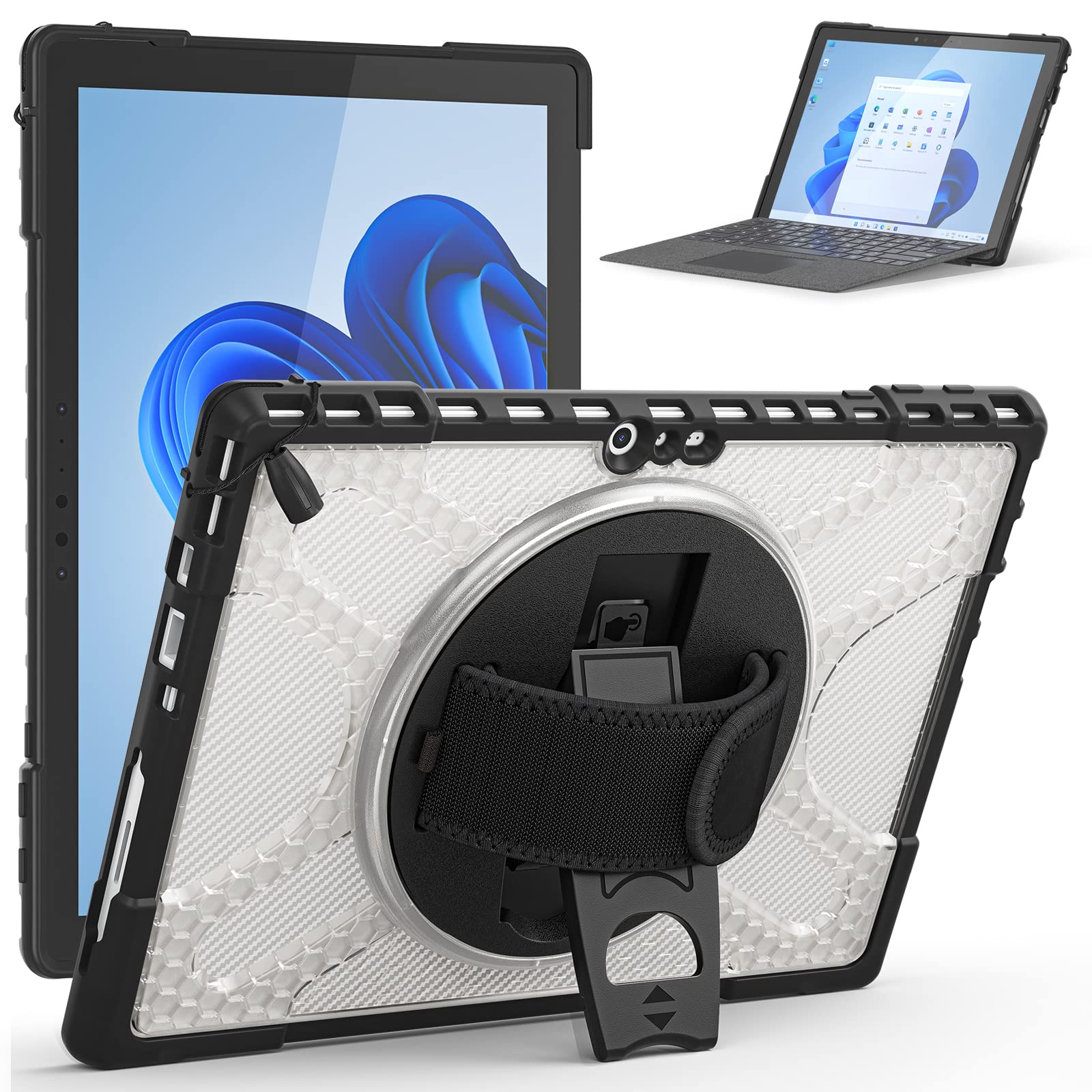 Junfire Surface Pro 7 Plus Protective Case, Surface Pro 7/ Pro 6/ Pro 5/ Pro 4 Shockproof Rugged Case with Kickstand Hand Strap,Compatible with Type Cover Keyboard Case-Transparent