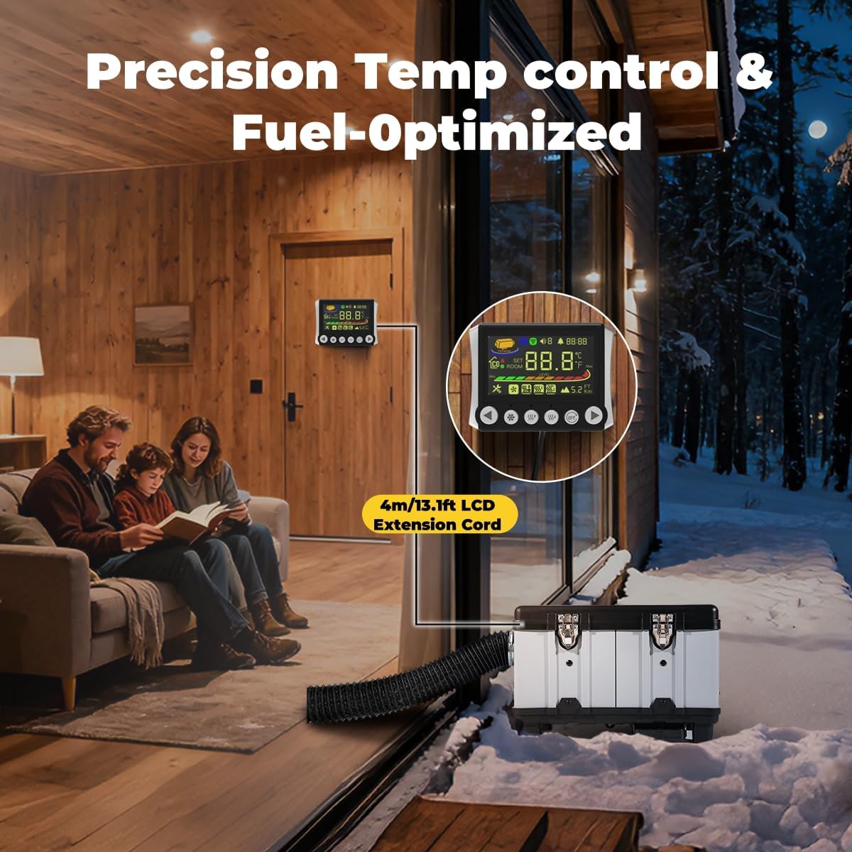 Image showing the Sunster TB10 Diesel Air Heater placed outdoors with its LCD control panel extended indoors via a 4-meter cable, demonstrating precision temperature control and fuel optimization.