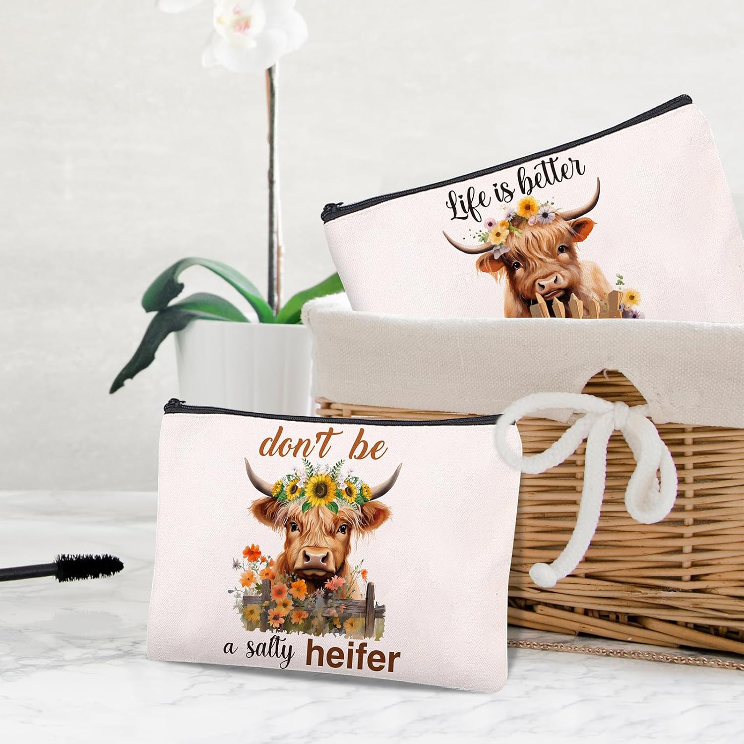 Highland Cow Print Makeup Bag 4PCS Cute Highland Cow Makeup Bags Party Supplies Farm Theme Party Favor Gift Canvas Travel Pencil Cosmetic Bags Pouch with Zipper for Women Female - Image 4