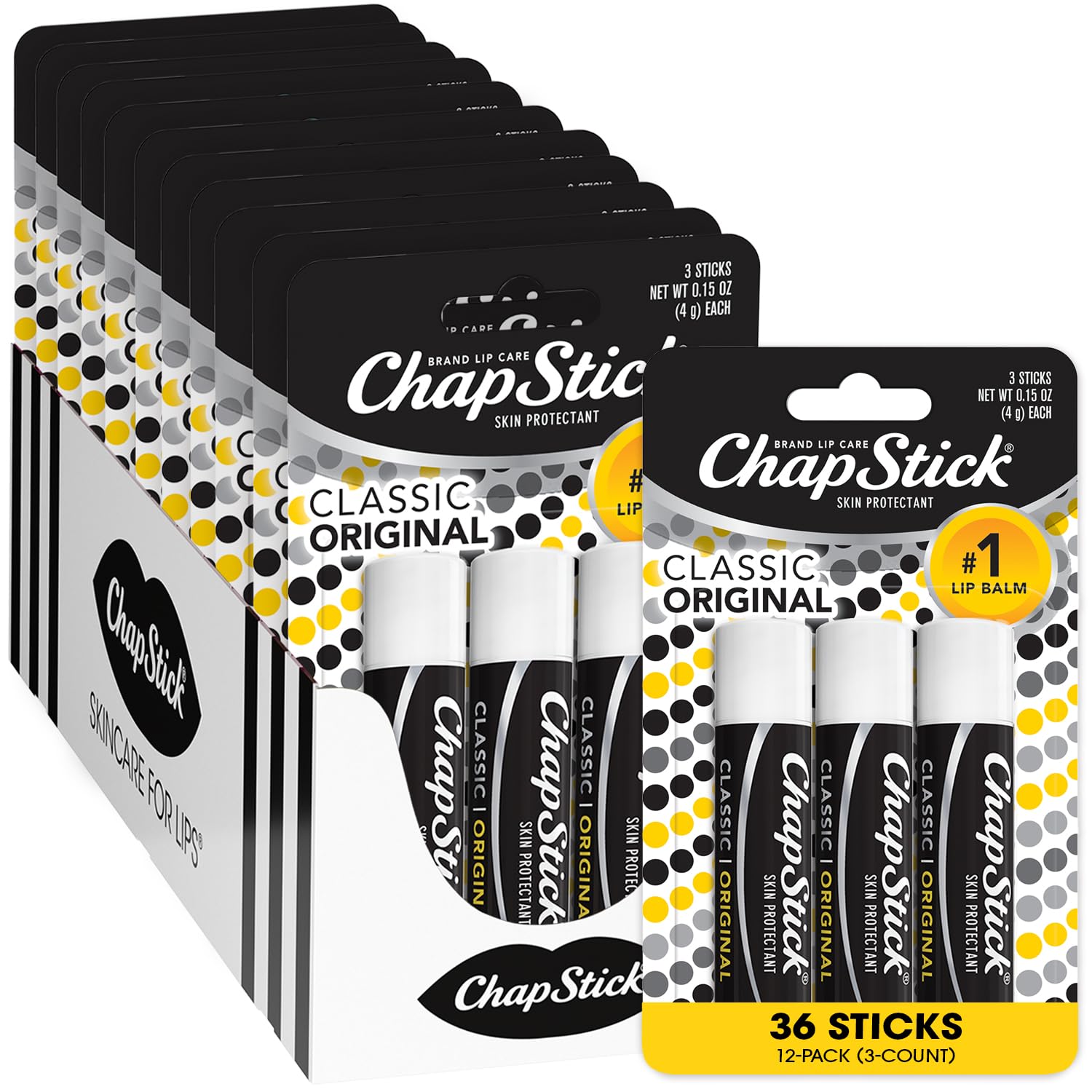 ChapStick Bulk Lip Balm, Classic Original 3-Packs (12 Sets/36 Tubes) – Moisturizing Lip Care, 0.15 Oz Ea