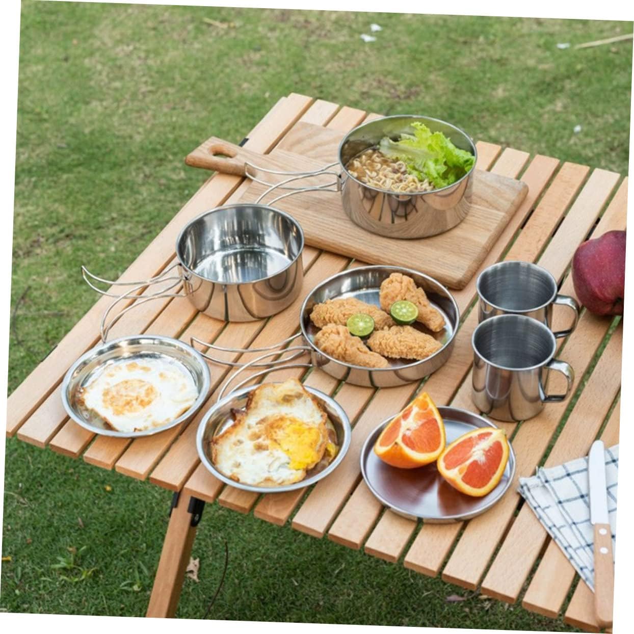 Camping Hiking Cookware Kit Stainless Steel Pot Pan Plates Cups Multipurpose Outdoor Cooking Equipment