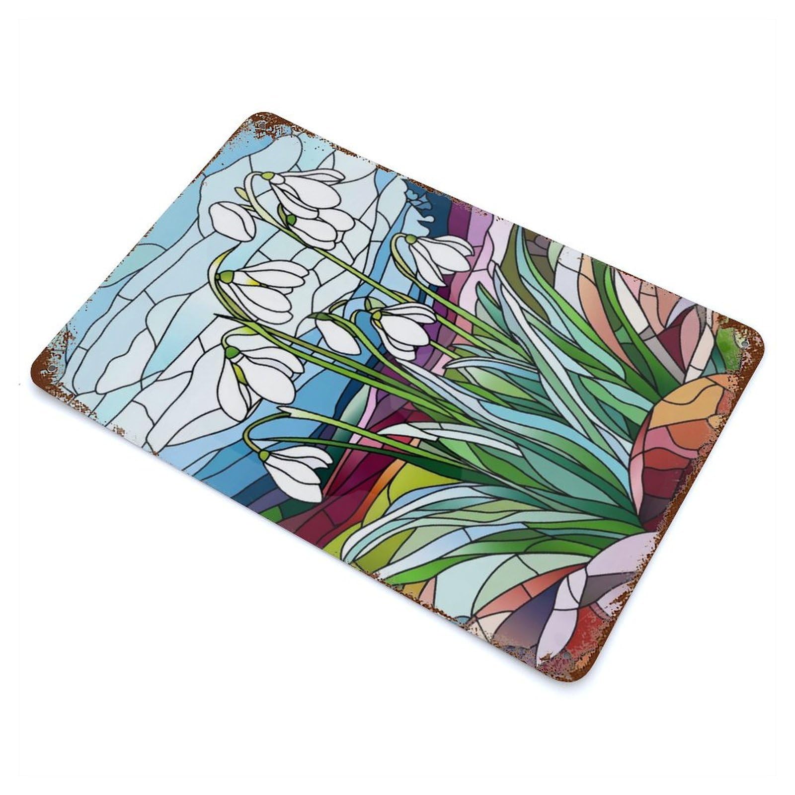 Stained Glass Snowdrops Retro Metal Sign 11.8"x7.9", Shabby Chic Decor for Garage, Pub Or Kitchen