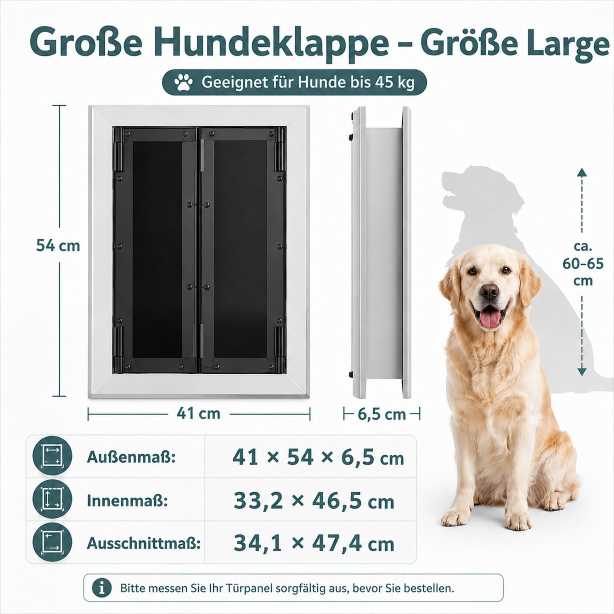 Aluminium Hundeklappe für große Hunde bis 45 kg, Hundetür groß mit 2 selbstschließenden Magnetklappen, Einschubplatte & Sicherheitsschloss, Wind- und regendicht für Tür & Wand