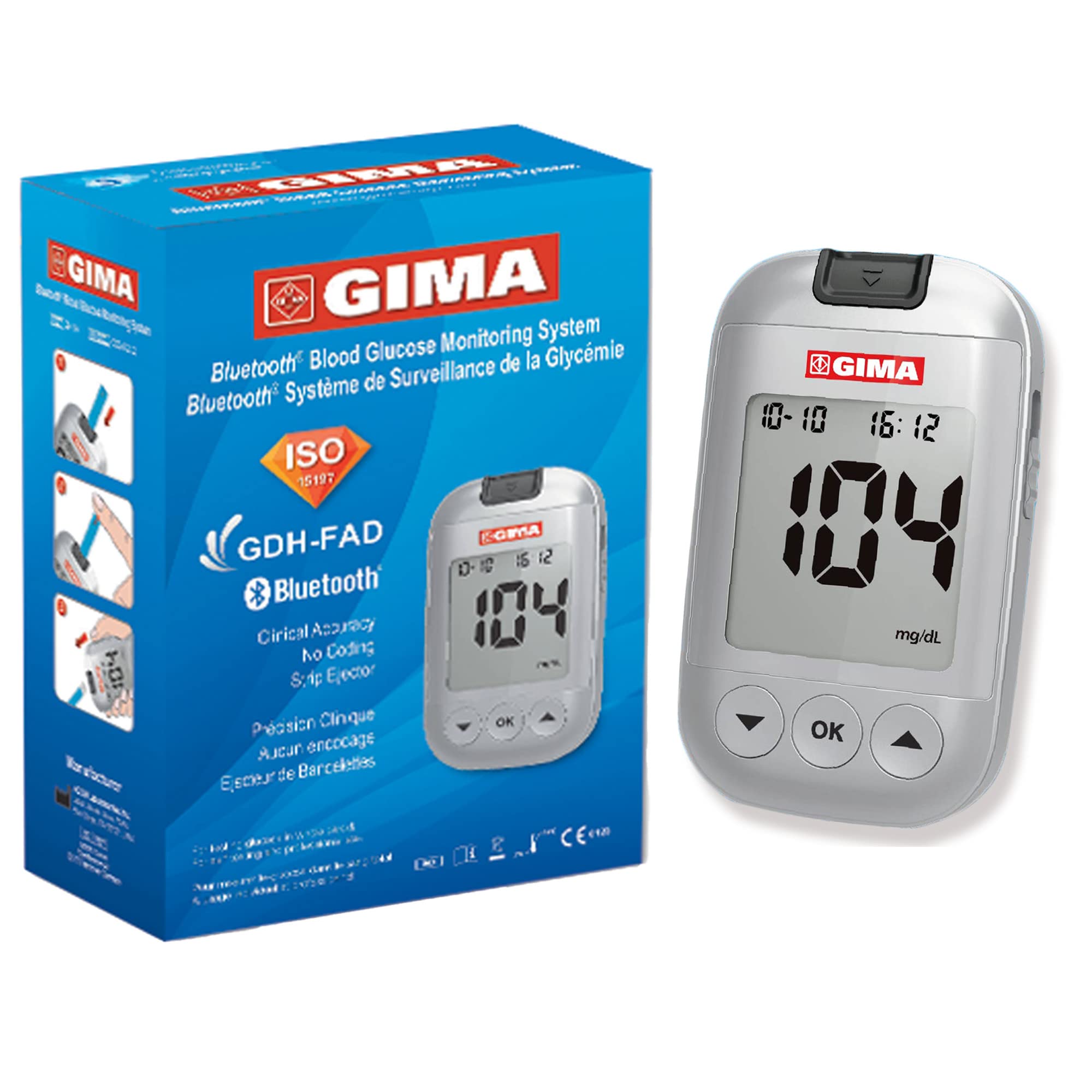 GIMA Misuratore Glicemia Glucometro Kit Completo Per Il Controllo e Il Monitoraggio Del Glucosio Nel Sangue Con 10 Strisce Soluzione Di Controllo 10 Lancette Sterili Penna Pungidito, Bluetooth