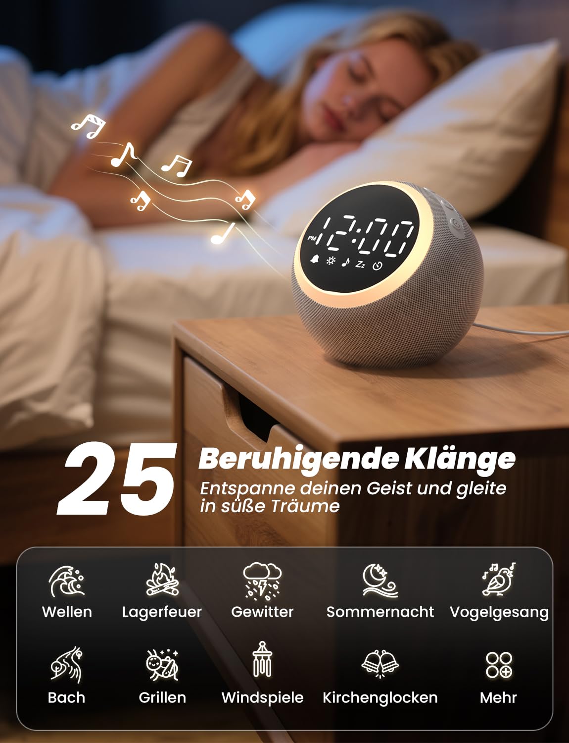 LIORQUE White Noise Machine mit Wecker, 25 beruhigende Schlafgeräusche, einstellbarer Bildschirm, Nachtlicht, ideal zum Entspannen für Kinder und Erwachsene im Büro oder zu Hause