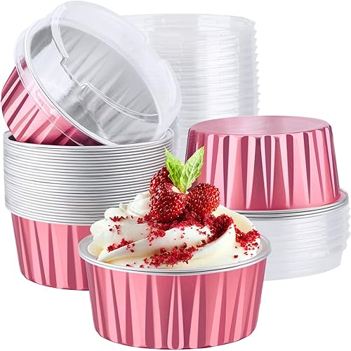 EUSOAR Vasos de aluminio con tapas, 30 moldes desechables de papel de aluminio para muffins de 5 onzas, moldes para hornear, recipientes desechables