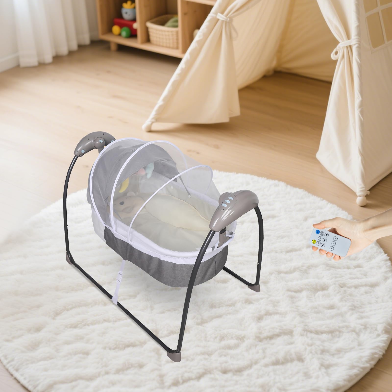Babybett Baby Schüttelbett 0-12 Monate 10kg 80x44x25cm 8-30min 3 Stufen | Elektrisches Babybett Babywiege elektrisch 180° flache Position 8/15/30min Timer Bluetooth Fernbedienung Moskitonetz