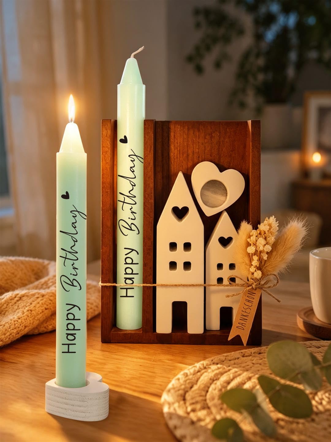 Geburtstagsgeschenk Kerze Holzbox mit Kerzenhalter und Trockenblumen | 2 Deko Häuser, Geschenk für Frauen, Geschenk für Männer