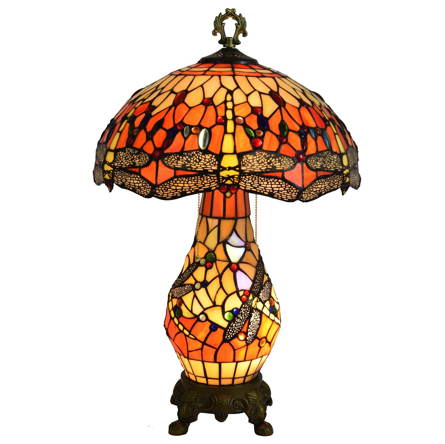 Aioneer 40Cm Tiffany Stained Glass Table Lamp Yellow Dragonfly Classic Retro Living Room Lamp Bedside Lamp Hotel Bar Villa Lobby Double Lamp Vase Table Lamp