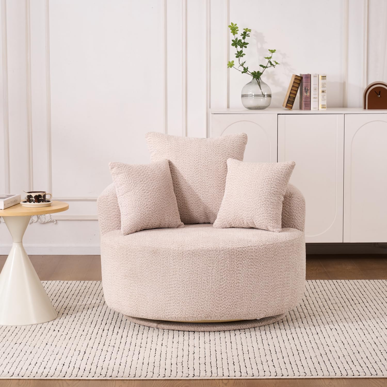 38.58 Inch Single Seat Swivel Sofa Chair,Classical Barrel Shaped Couch,Crochet Yarn Fabric Couches with 3 Pillows,Modern Compressed Sofas for Home Living Room Office Hotel Apartment