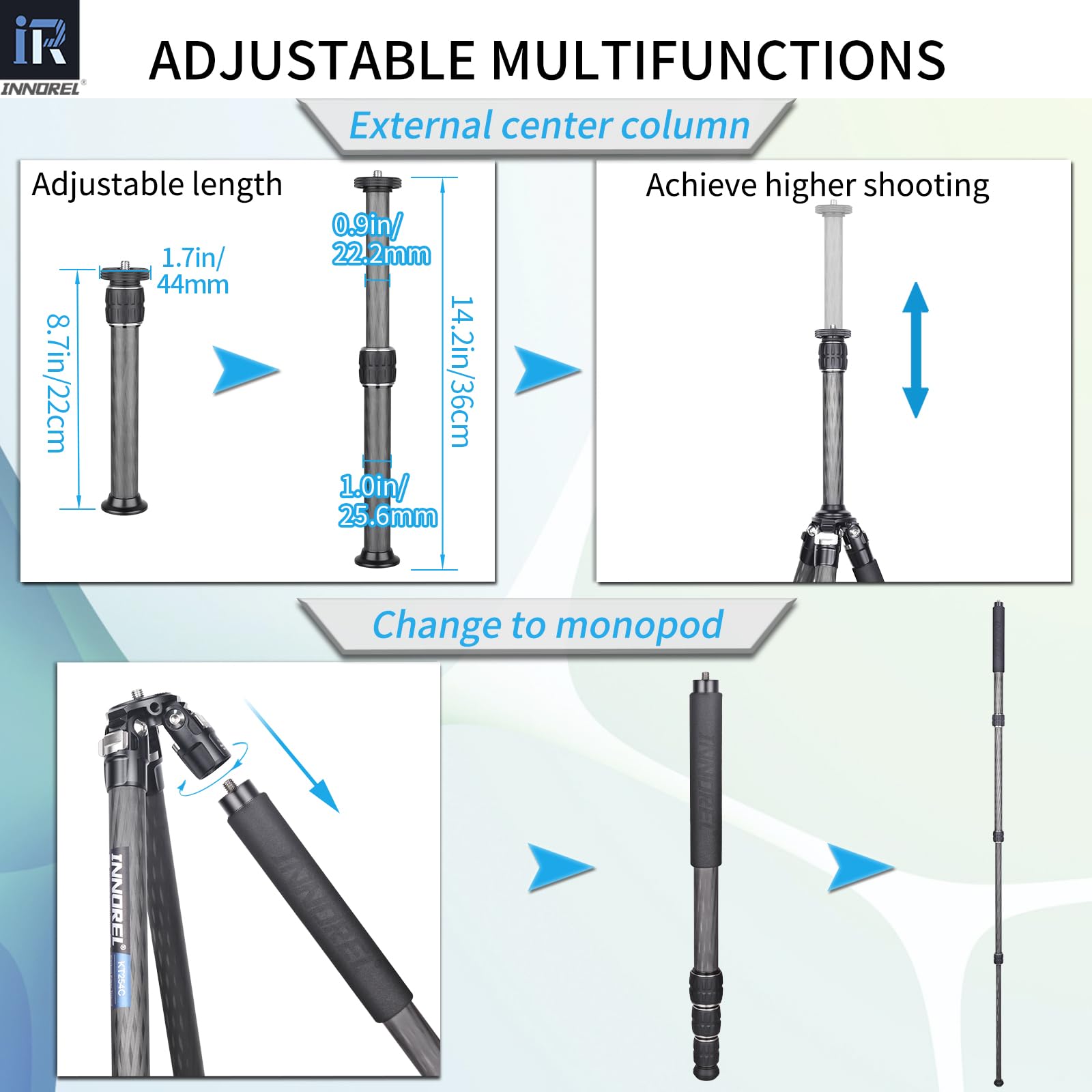 INNOREL KT254C Monopod monopod z włókna węglowego Profesjonalny przenośny kompaktowy statyw podróżny do lustrzanki cyfrowej 25,6 mm Tube obciążenie 15 kg z regulowanym prętem przedłużającym