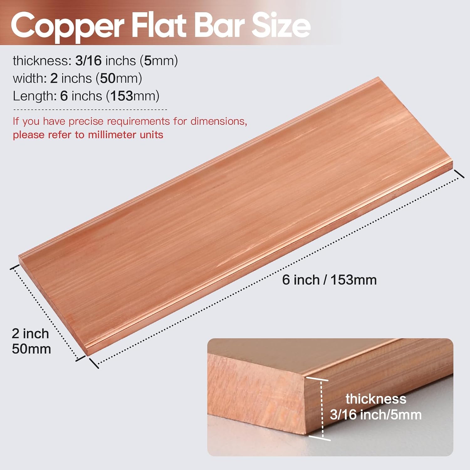3/16 Inch Copper Flat Bar,3/16" x 2" x 6" C11 Solid Copper Flat Bar Stock,99.9% Copper Bar Stock for Various DIY (1, 3/16x2x6 inch)
