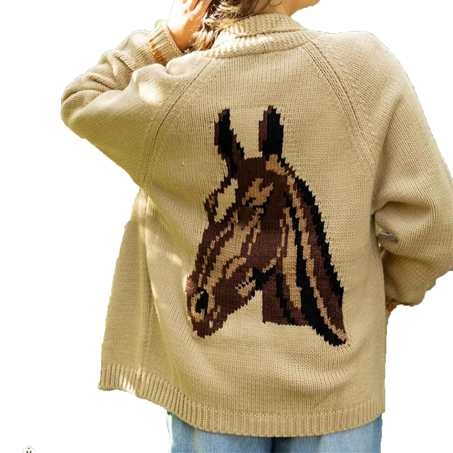 Womens Horse Cardigan Sweater Knit Y2K Animal Print Sweater Coat Vintage Clothes Fall Chunky Knitwear