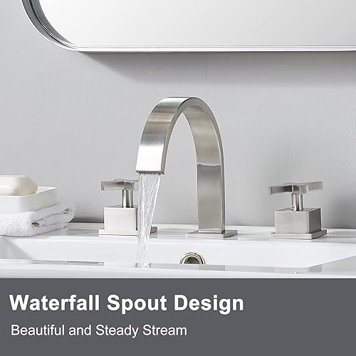 Miniatura 2 de SHACO Grifo de baño de cascada de níquel cepillado de 3 agujeros, 2 grifos de baño con mango cruzado para fregadero de 3 agujeros, grifo de tocador