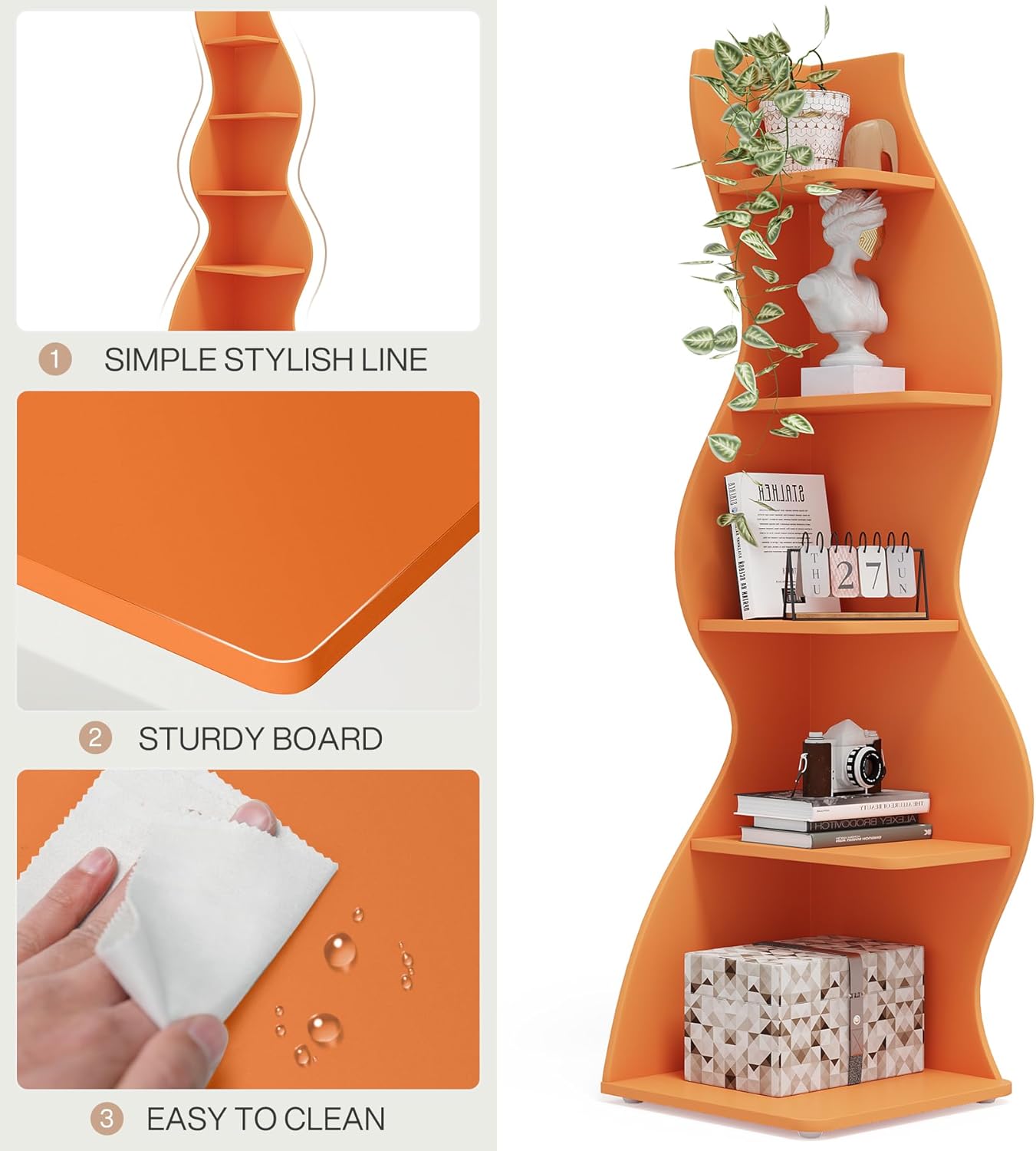 Tribesigns Corner Shelf, Modern 5-Tier Wall Corner Bookshelf, Stylish Corner Small Bookcase Storage Rack Plant Stand with Unique Shape for Living Room, Home Office (Orange, 1PC) Orange 1PC