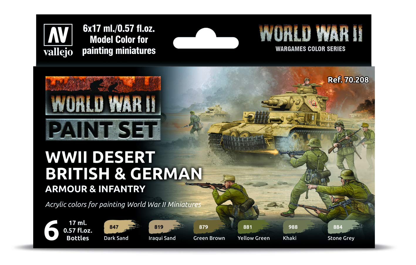 Vallejo - WWII Desert British & German Armour & Infantry Model Color Paint Set | Historic Military Shades | Brush & Airbrush Compatible | Pro Modeler Collection | 6 bottles x 18 ml. (0.6 fl.oz)