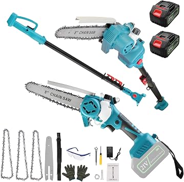 2-in-1 Cordless Pole Saw, 8 Inch Brushless Pole Chainsaws Mini Handheld Chainsaw with 2 Batteries, 13FT Reach Electric Polesaw with Auto Oiling for Tree Trimming 1500 mAh