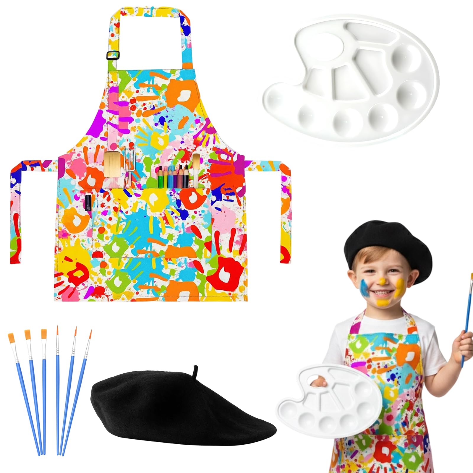 YTLSDHF 9 Pcs Artist Costume Kids, Kids Dress Up Costumes with Beret, Colorful Apron, 6 Nylon Brushes and Oval Palette, World Book Day Costumes for Boys and Girls, Painter Fancy Dress for Child