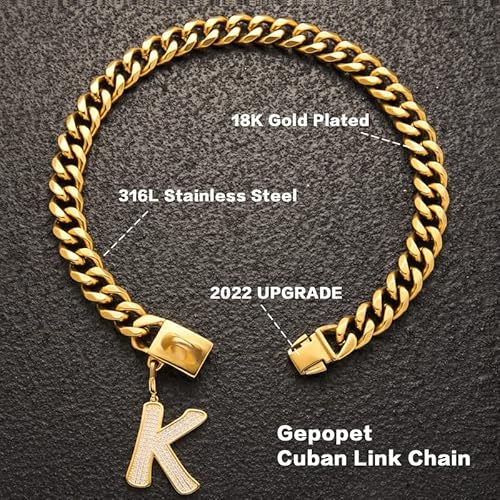 Gepopet Dog Collar For Medium Large Dogs Gold Chain Dog Collar With Bling Letter Pendant 18K Cuban Link Dog Collar  Heavy Duty Chew Proof Letter 10In&14In&16In #TOP5