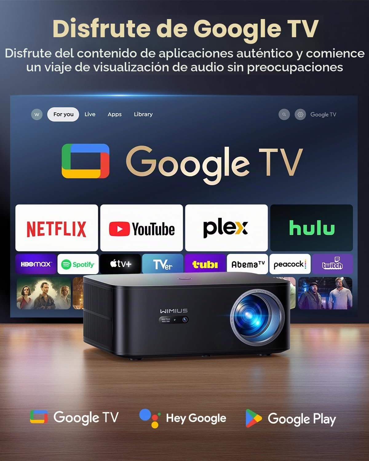 Proyector 4K【1400 ANSI/Google TV/Netflix Ready】 WiMiUS Proyector Full HD 1080P Nativo, Auto Focus/Keystone, WiFi 6&Bluetooth 5.2, Control de Voz Projector en Casa/Exterior (Negro carbón)