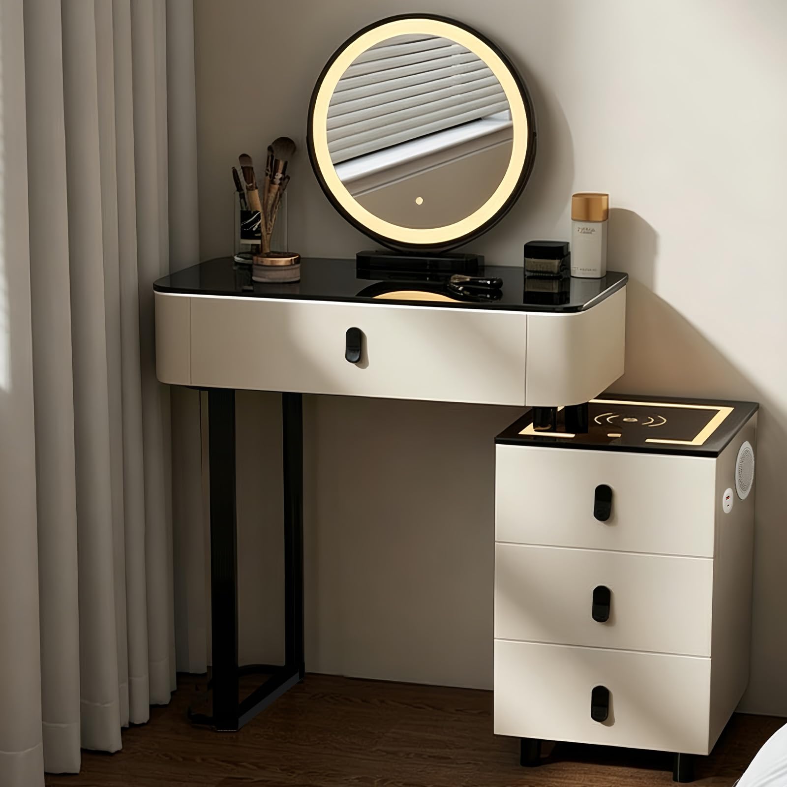 MJKCBD Small Dressing Table with LED Mirror, Smart Side Cabinet, Teen Girls