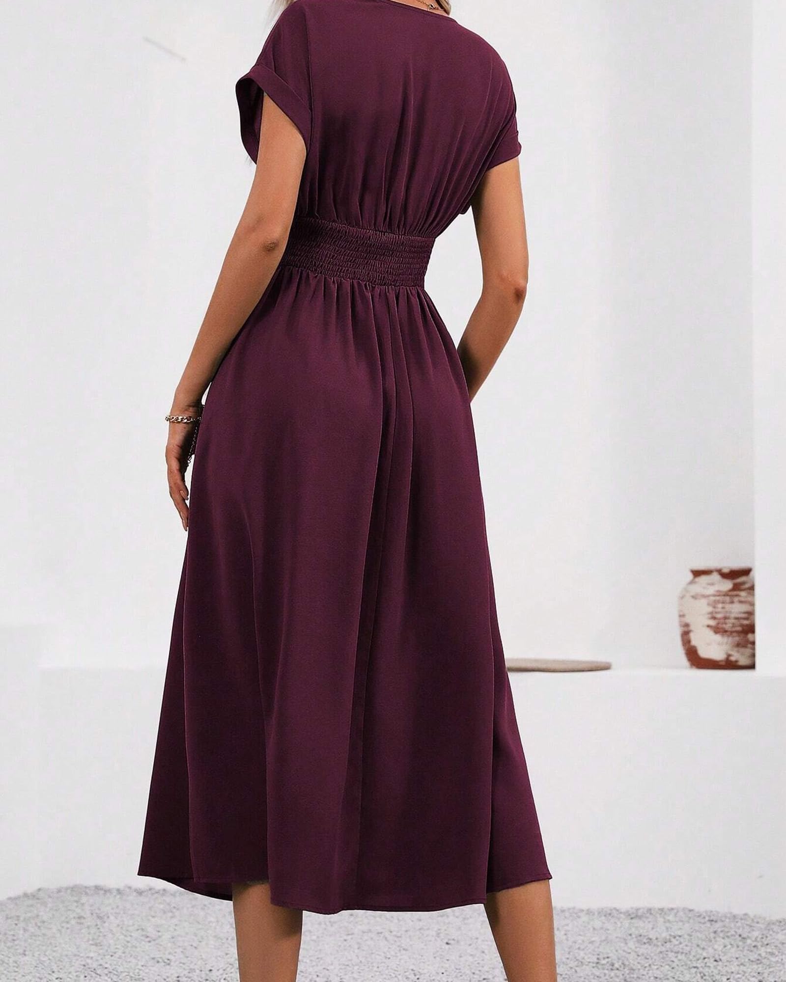Vestido Verano Mujer Vestido Largo Elegante Vestidos Cuello en V Manga Corta Casual Verano Vestido Elástico