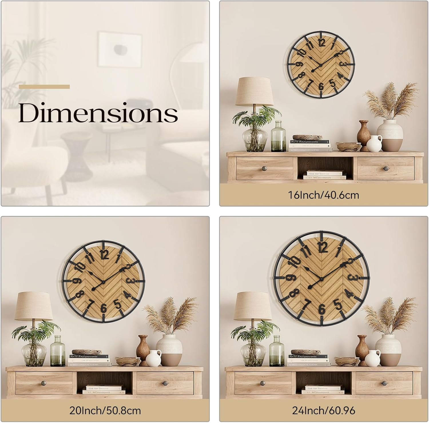 Large Wall Clock, 24" Wood Big Wall Clocks for Living Room Decorative, Farmhouse Wall Clock Battery Operated with 3D Arabic Numerals, Completely Silent for Bedroom, Kitchen Decorative