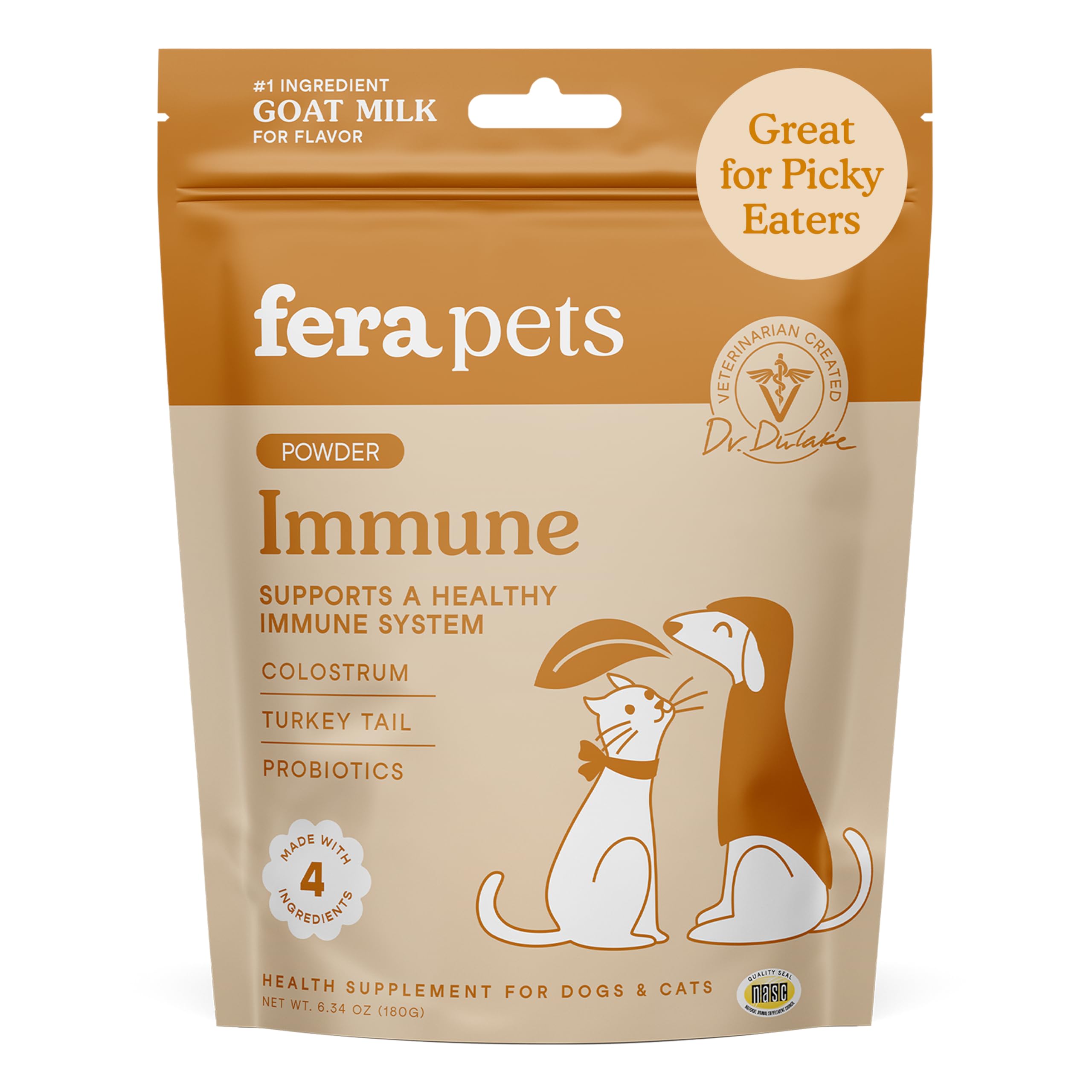 Fera Pets Immune Goat Milk for Dogs & Cats with Colostrum, Organic Turkey Tail Mushroom, & Probiotics - Improves Immune Response - for Picky Eaters - Powder - 60 TSP