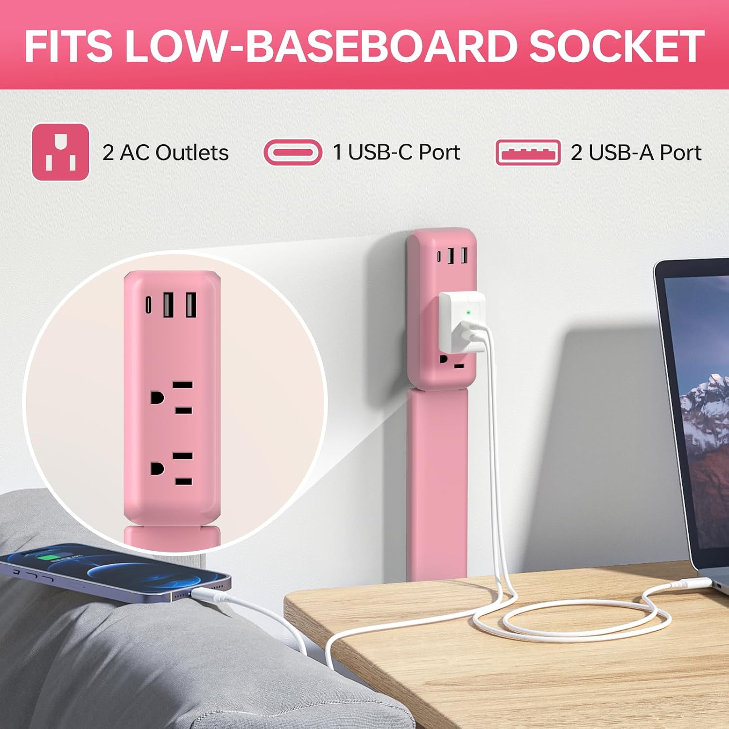 Pink Electrical Outlet Extender with 2 AC Outlets, 2 USB-A, 1 Type-C, Rotates 180°, Extends 22"-34", Access Hard-to-Reach Outlets for Bedroom Office Behind Couches Nightstands Desks Sofa