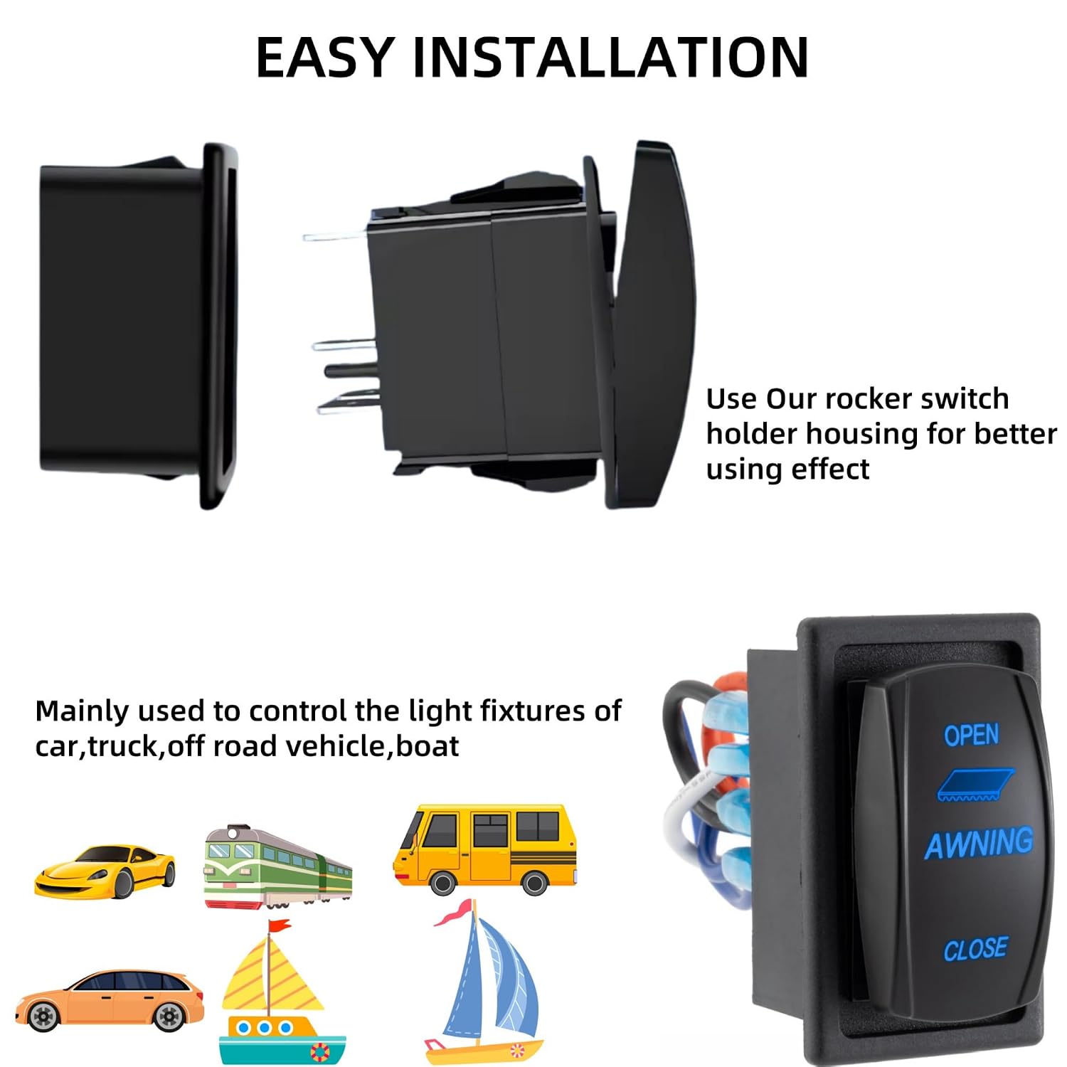 RV Awning Rocker Switch with Housing Bracket, Marine Boat Car Waterproof Toggle Switch 12V-24V DC 8 Pin DPDT Momentary 3 Position (ON)-Off-(ON) Switch for Automotive Replacement Parts