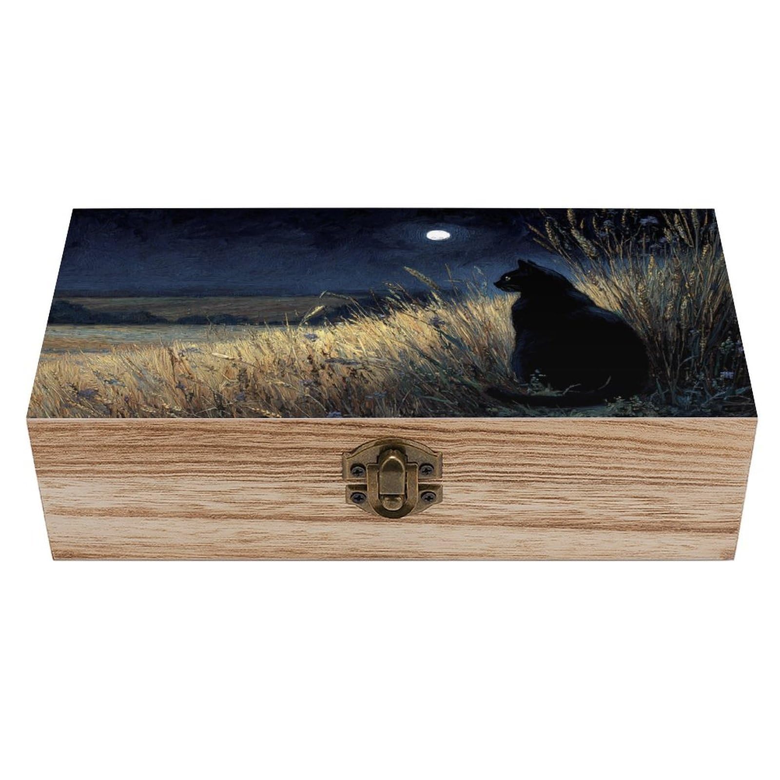 Ahdyr As Pic Black Cat In The Field At Night Wooden Storage Box With Hinged Lid And Front Clasp Large Keepsake Box