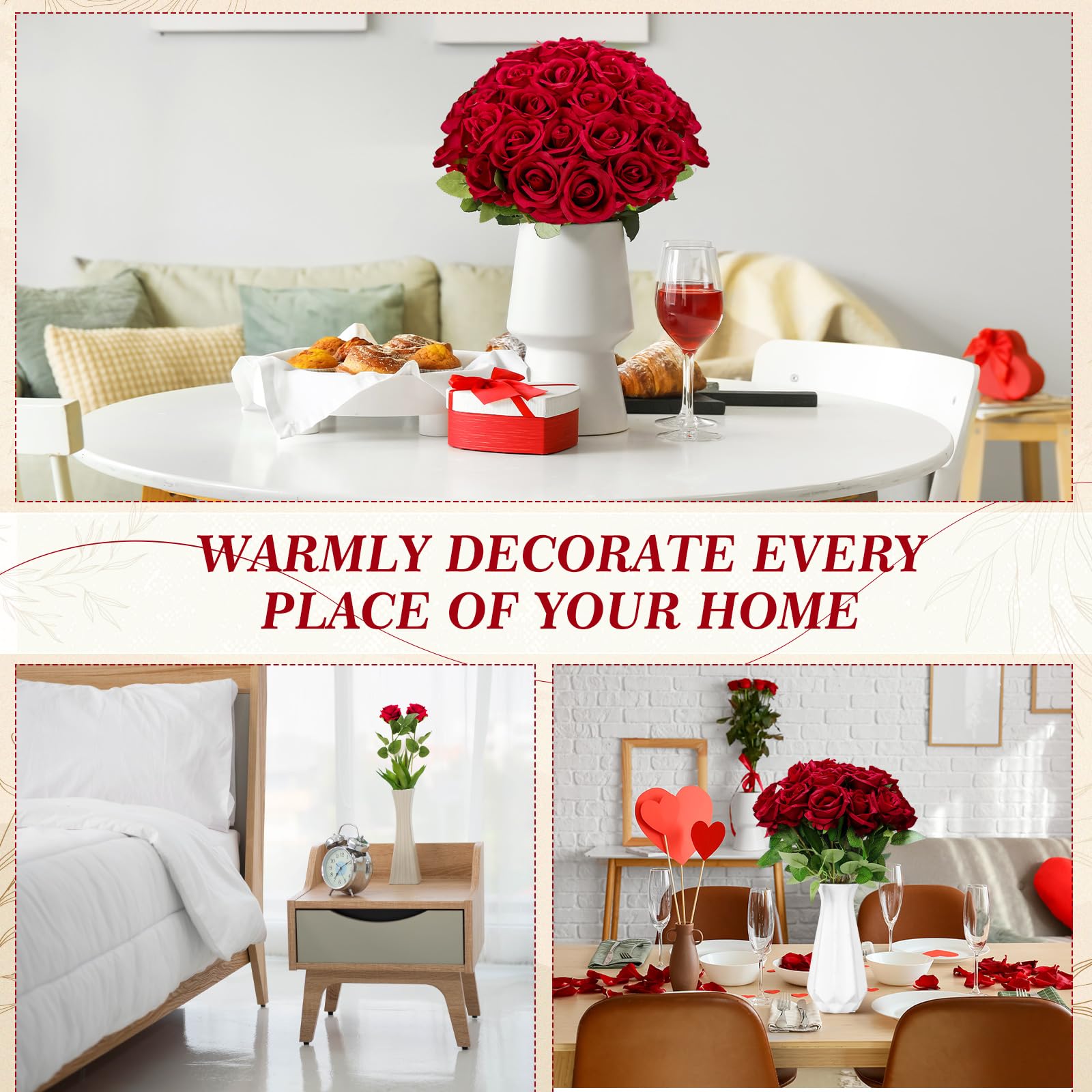 Tigeen 150 rose artificiali sfuse, rose in seta finta, realistiche, a stelo lungo, bouquet di fiori per matrimoni, centrotavola, composizioni floreali, decorazione per la casa e la cucina (rosso