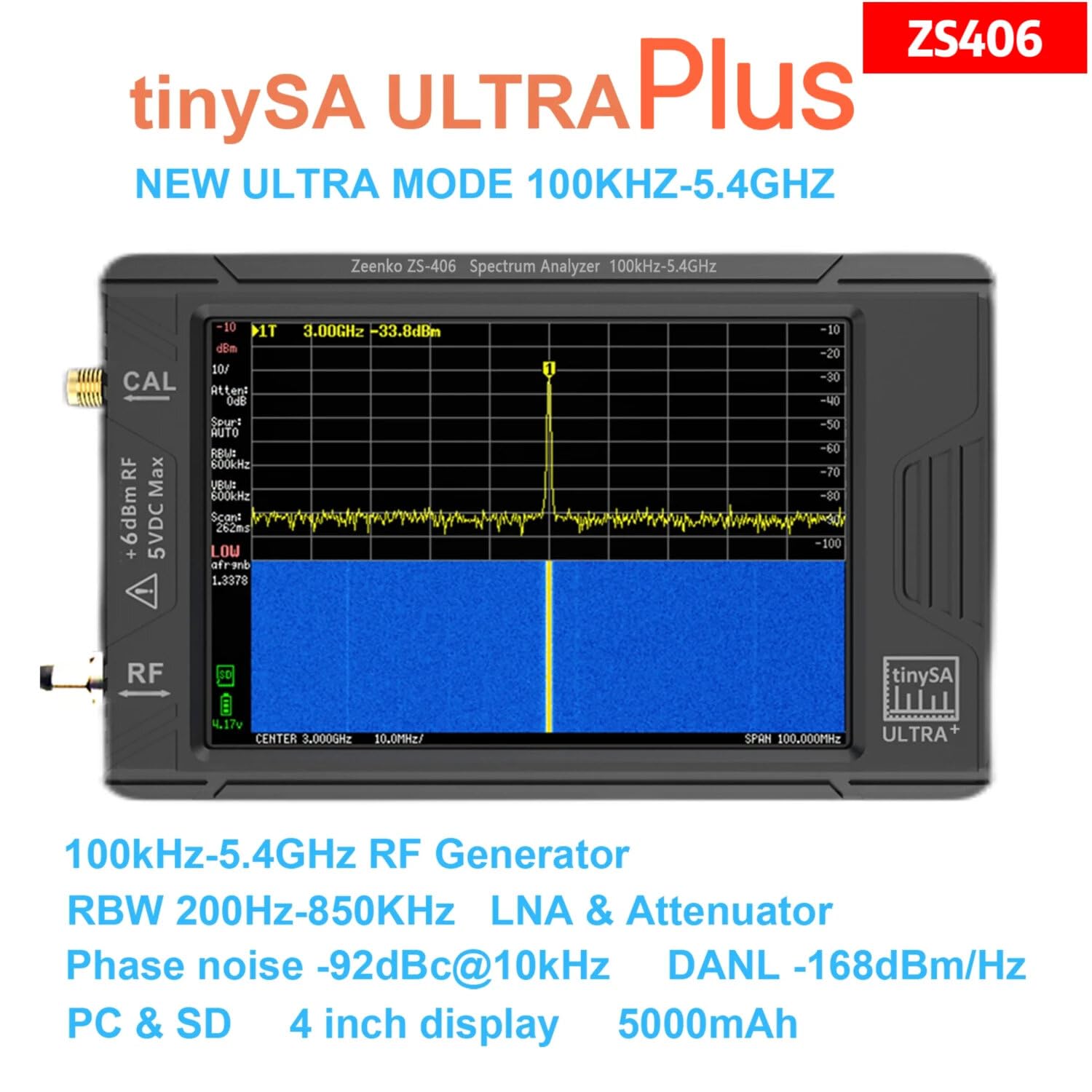 VIDOO Analizzatore Spettro Portatile ZS406 900MHz-5.4GHz Modulo LNA 20dB LCD IPS-TFT 3,98 pollici Batteria 5000mAh