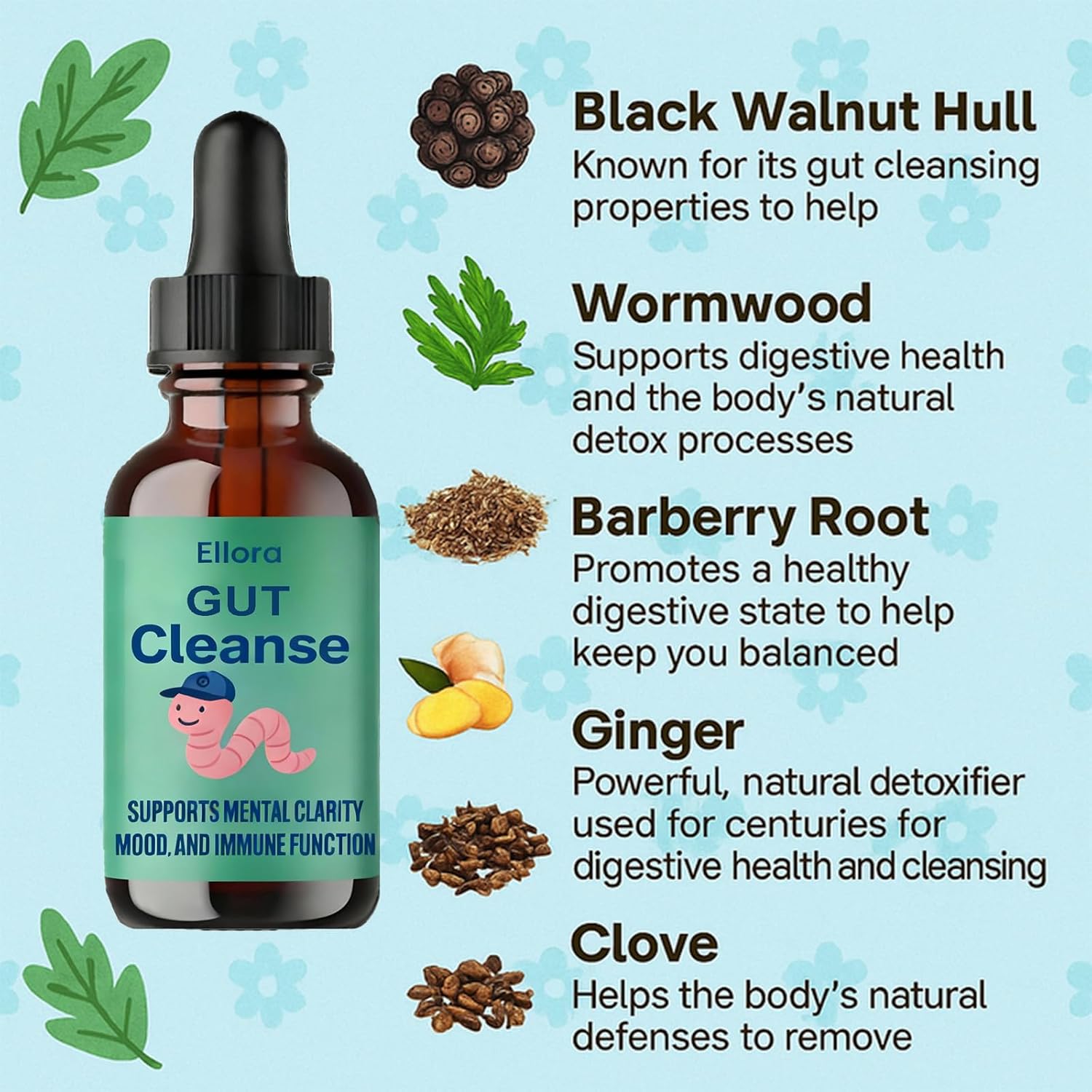 Ellora Gut Cleanse Drops, Gentle Gut and Colon Support for Black Walnut Hull, Wormwood, Clove, Oregano, Licorice Root | 30 Servings