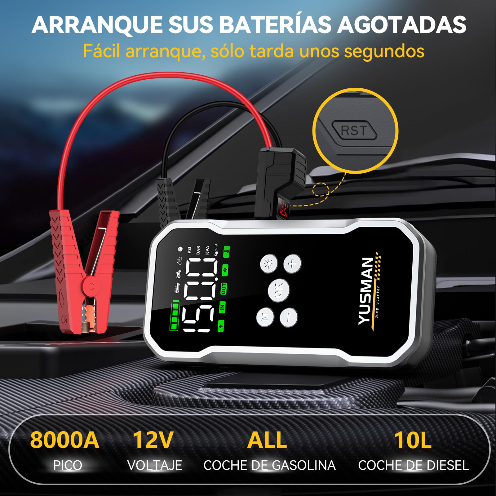 YUSMAN Arrancador de Baterias de Coche con Compresor de Aire, 12V 8000A Arrancador Coche Portatil con Inflador de 160 PSI (para 10L Gasolina o 8L Diesel), Linterna LED de Emergencia