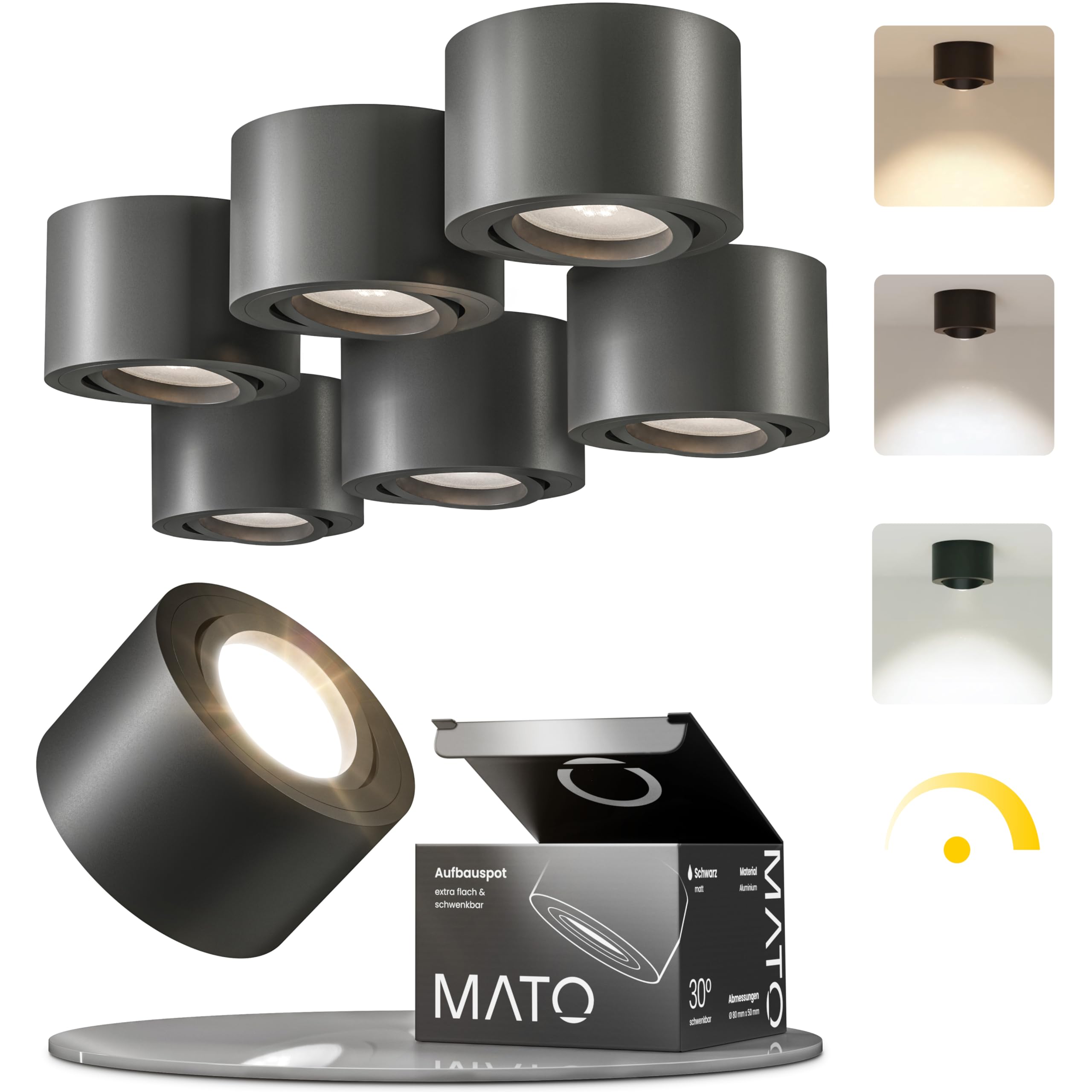 MATO 6x Aufbauspot schwarz - extra flach & schwenkbar - Ø80x50mm - Aufputz Spots Decke inkl. 5W LED Modul 230V 3000K/4000K/6500K - Deckenspots, Aufbaustrahler, Aufputz Deckenstrahler