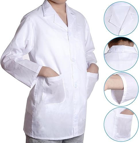 Miniatura 3 de mifengda Disfraz de científico para niños, bata de laboratorio y gafas de vestir para niños, con tarjeta de identificación, lupa para Halloween