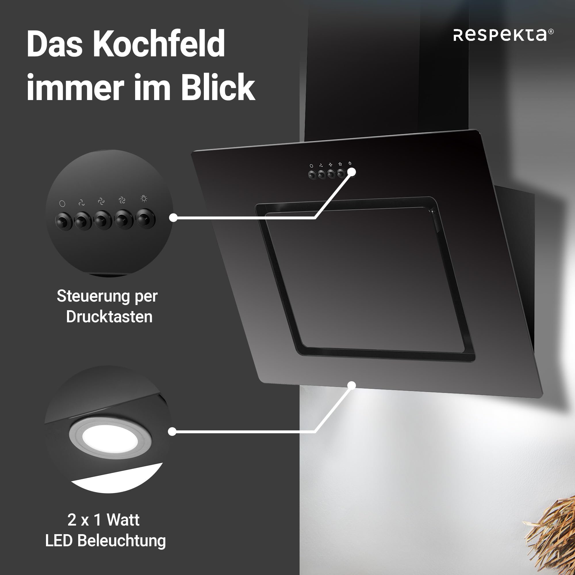 Respekta Dunstabzugshaube 60 cm Metallgehäuse Glasschirm Schwarz Abluft Umluft 54-62 dB