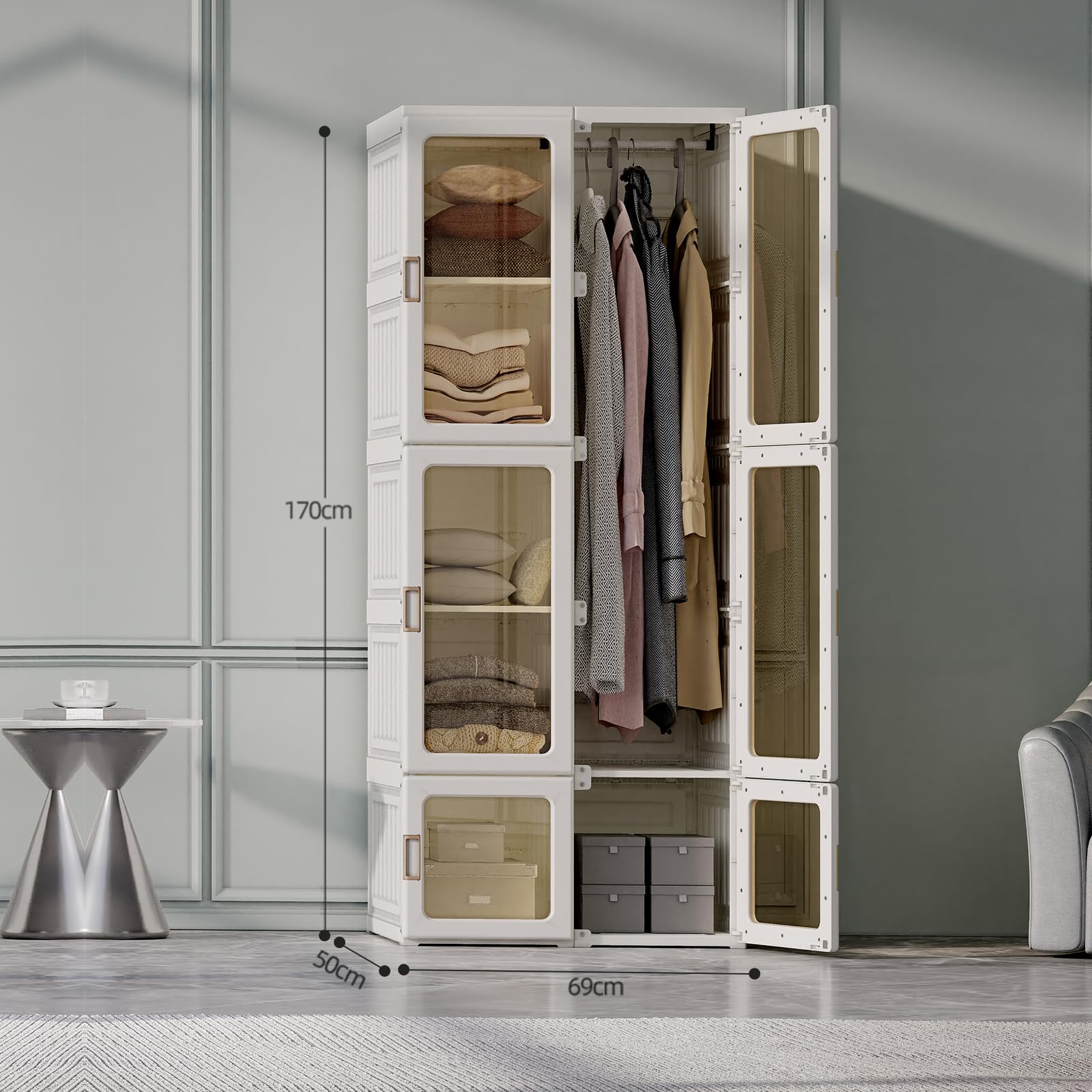 Fofetbfo - Armario de almacenamiento, armario plegable con 6 estantes y 1 barras de suspensión para vestuario, dormitorio, vestidor (transparente, 170 x 69 x 50 cm)
