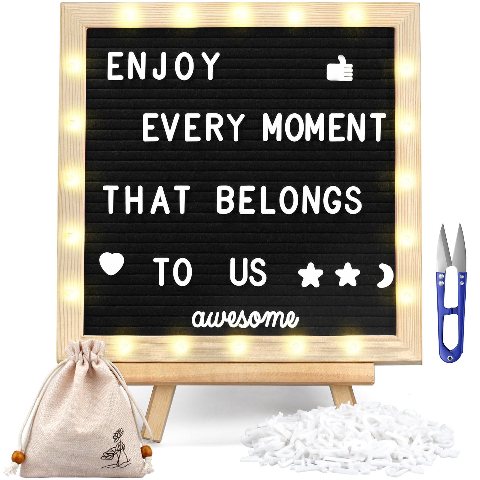 Black Felt Letter Board with Lights (10*10), 340 Letters Built-in LED Lights -Message Board Adjustable Stand, for Menus, Pregnancy Announcement, Baby