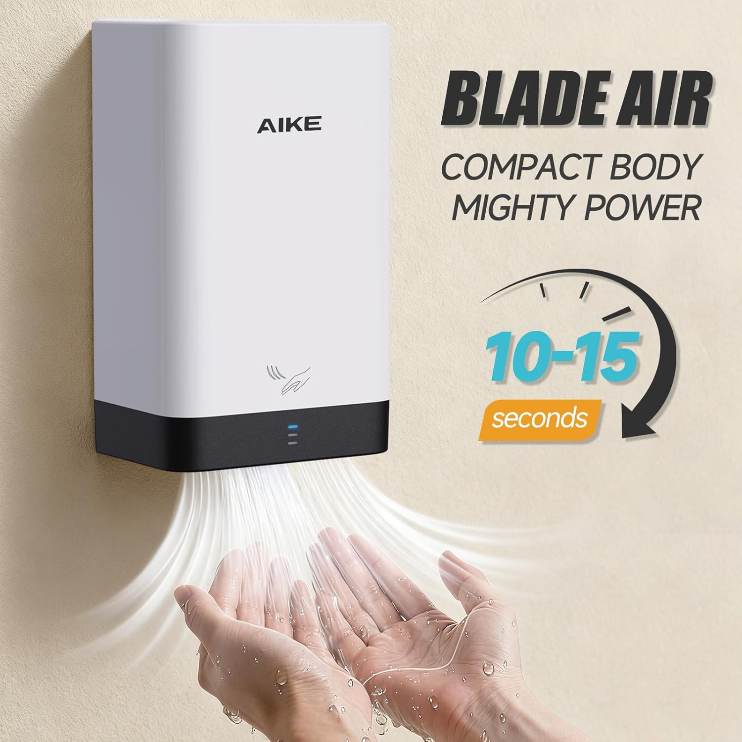 Image showing hands being dried by the AIKE hand dryer, with text indicating 10-15 seconds drying time.
