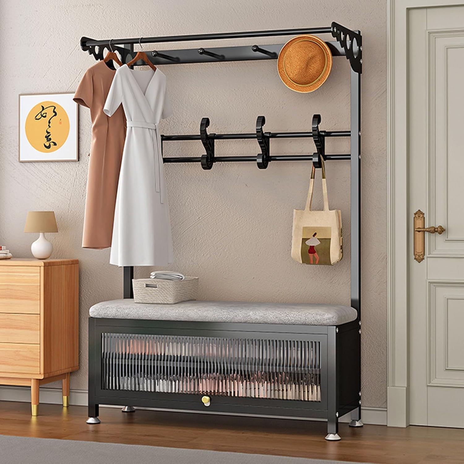 3-in-1 Coat Rack with Shoe Bench, Metal Garment Rack, Freestanding Hall Tree with Storage for Shoes and Coats, Entryway Organizer - Black (100cm/38.9in)