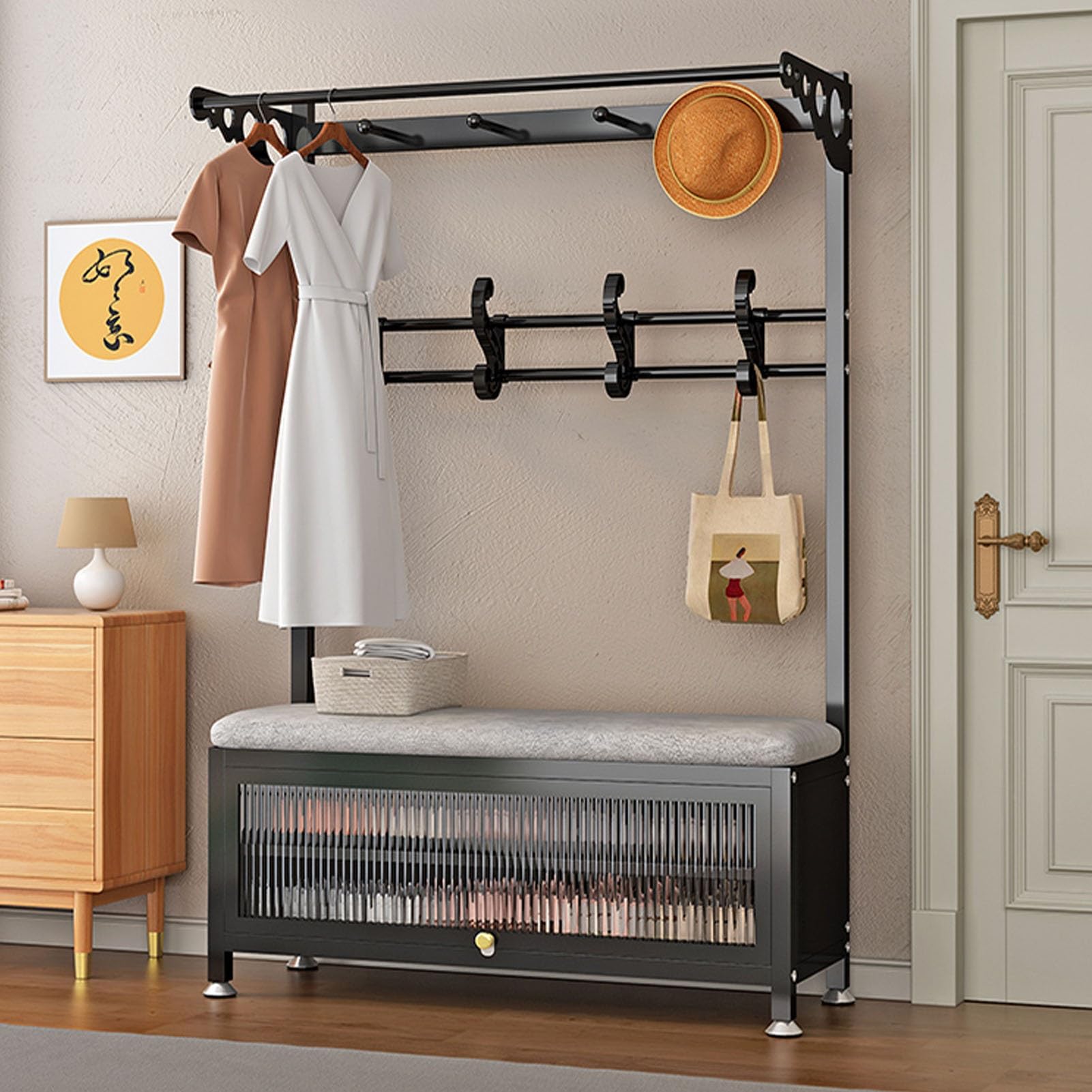 GDMDPTE 3-in-1 Coat Rack with Shoe Bench - Freestanding Metal Garment Rack Hall Tree with Storage for Shoes & Entryway Stylish Black Entrance nizer (60cm/23.6in)