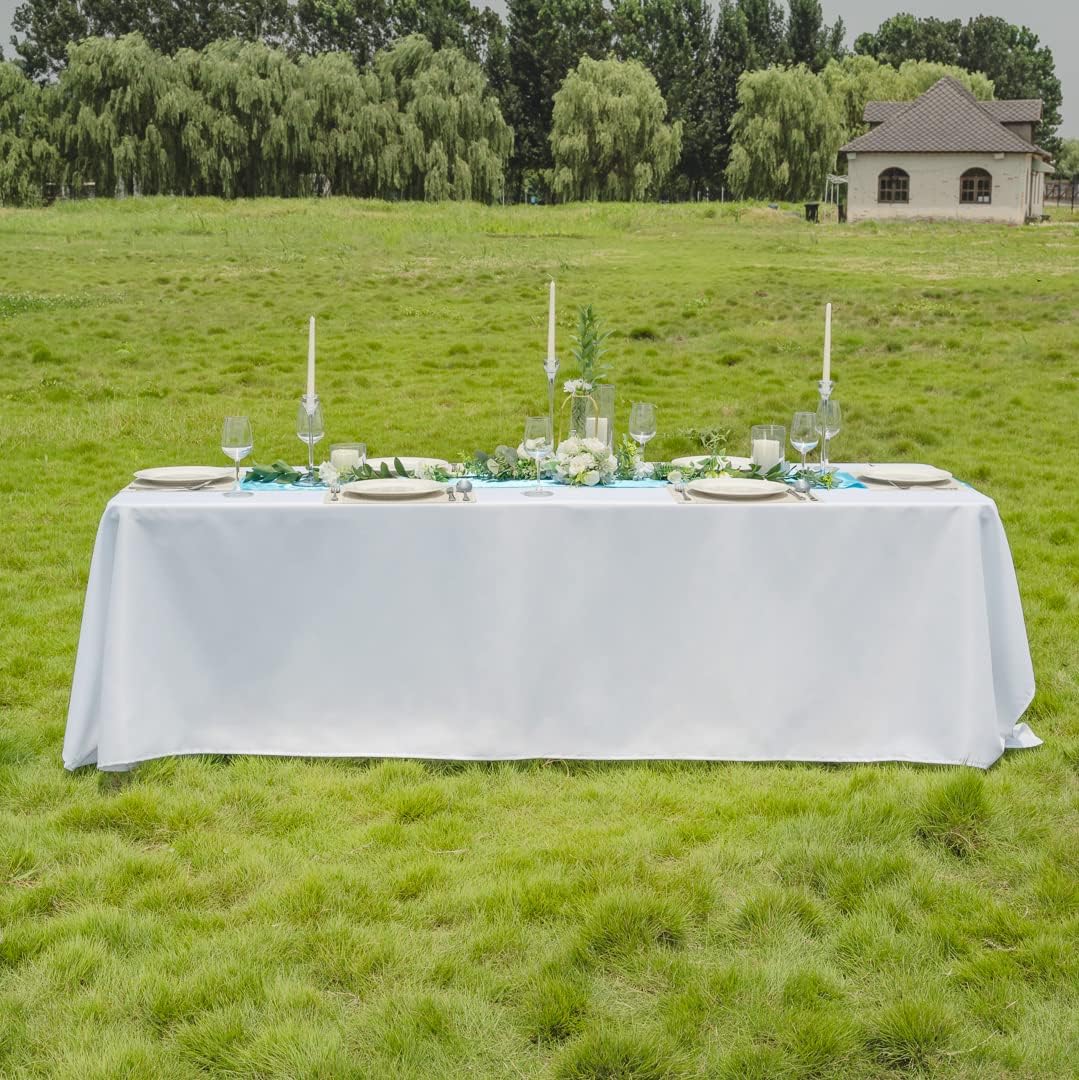 Restaurantware Table Tek 90 x 132 Inch Table Covers 10 Rectangle Wedding Tablecloths - Washable Wrinkle-Free White Polyester Banquet Tablecloths Hemmed For Parties Holidays or Buffets