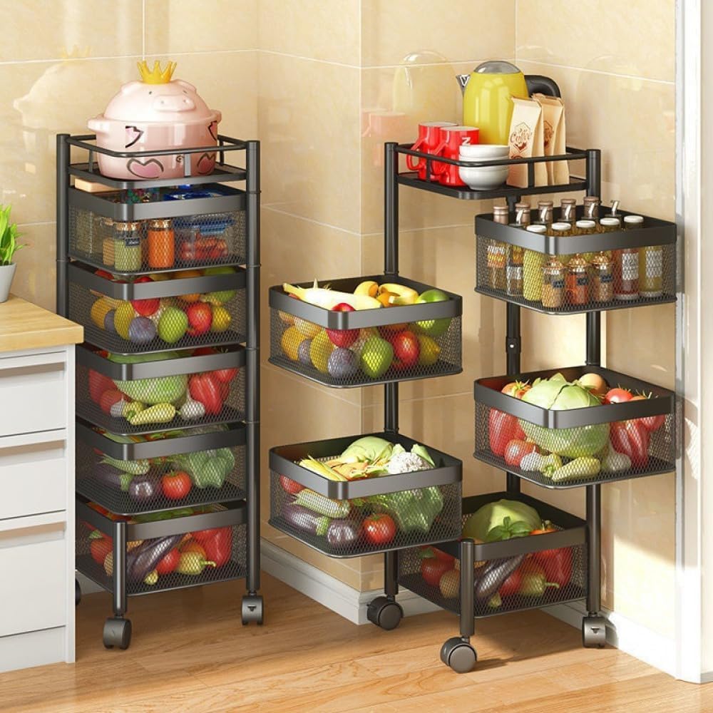Rotating Rack with Lockable Casters & Removable Stainless Steel Basket, Fruit & Vegetable Storage Rack for Kitchen, Bathroom or Bedroom (Black, 5 Tier)
