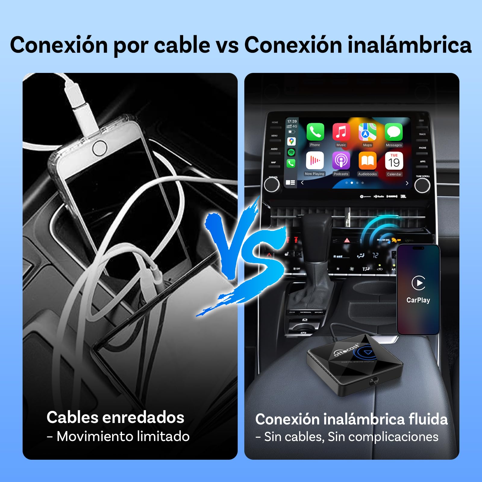 OTTOCAST U2Air Pro Adaptador CarPlay Inalámbrico, Adaptador Bluetooth Apple CarPlay para iPhone, Plug & Play para Coches con Car Play cableado OEM, WiFi de Doble Banda, actualización en línea