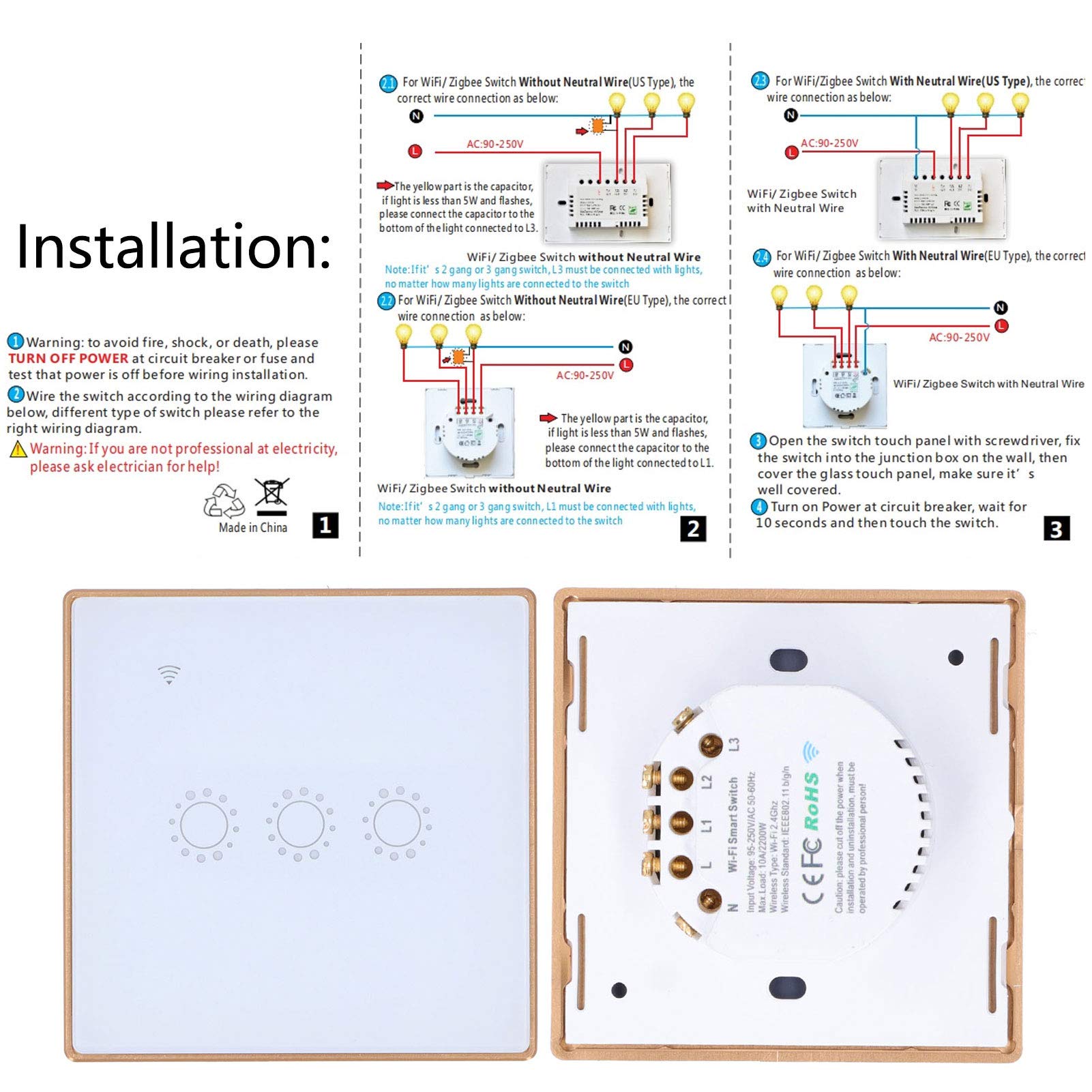 Interruptor inteligente, 1 interruptor de atenuación, interruptor de luz WiFi, distribución de energía de control remoto WiFi táctil inalámbrico 2200W enchufe de Reino Unido 95‑240VAC
